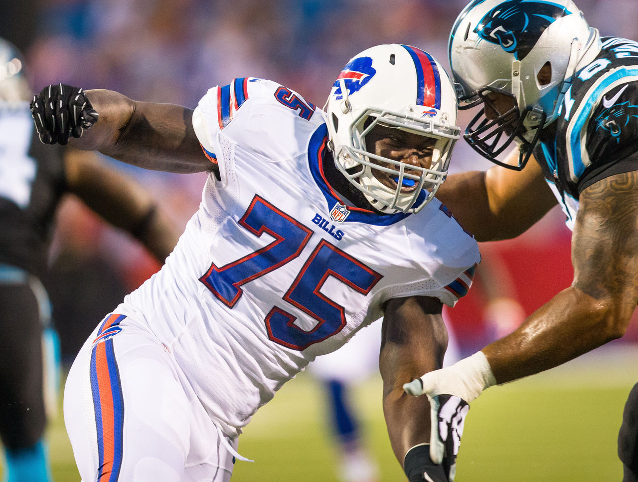 Buffalo Bills linebacker IK Enemkpali (75) gathers with players after an  NFL football game against the