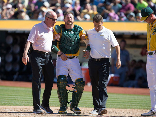 Athletics' Vogt takes foul tip to groin, taken to hospital for tests