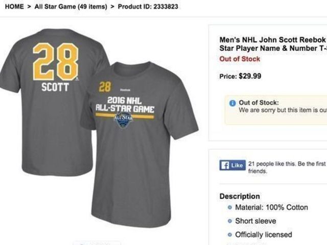 John Scott's All-Star shirseys sold out at NHL.com
