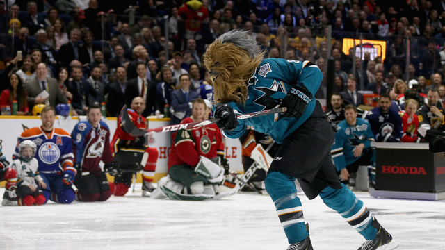 VIDEO: Brent Burns dons Chewbacca mask, scores in Breakaway Challenge