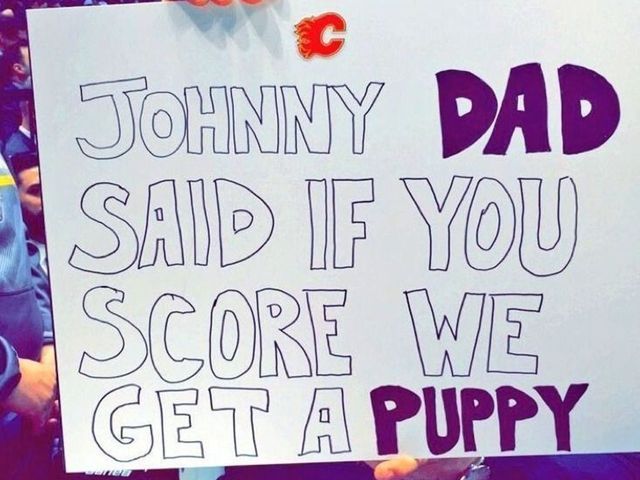 Flames' Giordano interrupts Gaudreau interview with latest puppy sign