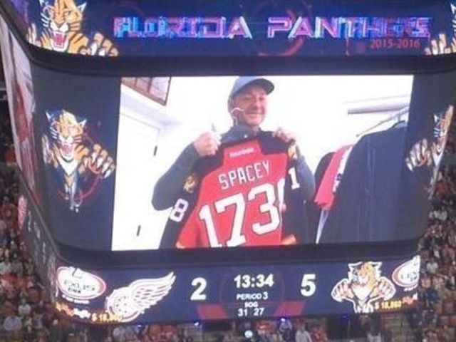 Kevin Spacey fitted for custom Panthers sweater