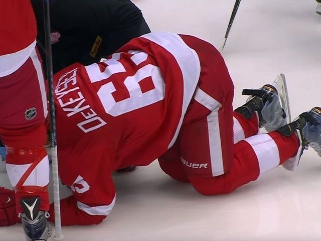 VIDEO: Red Wings' DeKeyser takes Phaneuf slap shot to knee