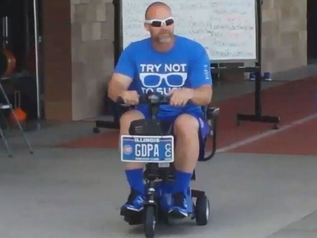 VIDEO: 'Grandpa' Ross rolls into practice on scooter