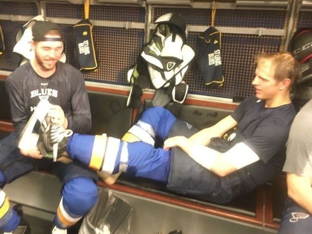 Blues' Gunnarsson pays Joel Edmundson to untie skates