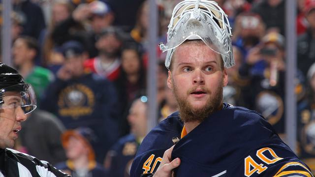 Sabres' Lehner adds Trump sticker to mask for Military Appreciation Night