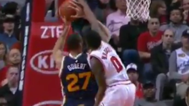 VIDEO: Aaron Brooks gets way up to swat Rudy Gobert