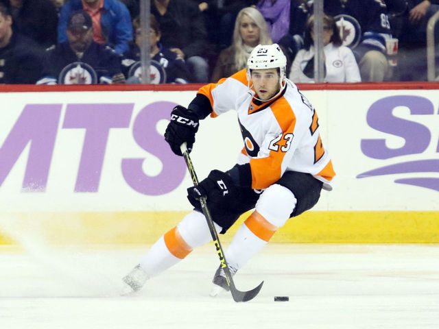 VIDEO: Flyers' Manning goes upstairs, off the bar for 1st NHL goal