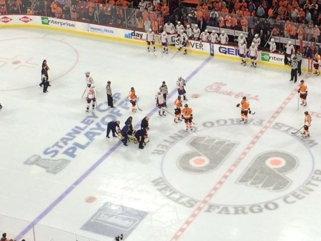 Flyers' Laughton stretchered off, sent to hospital after Game 4 fall into boards