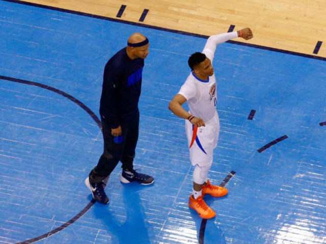 Villanueva creeps on Westbrook during Game 5 pregame
