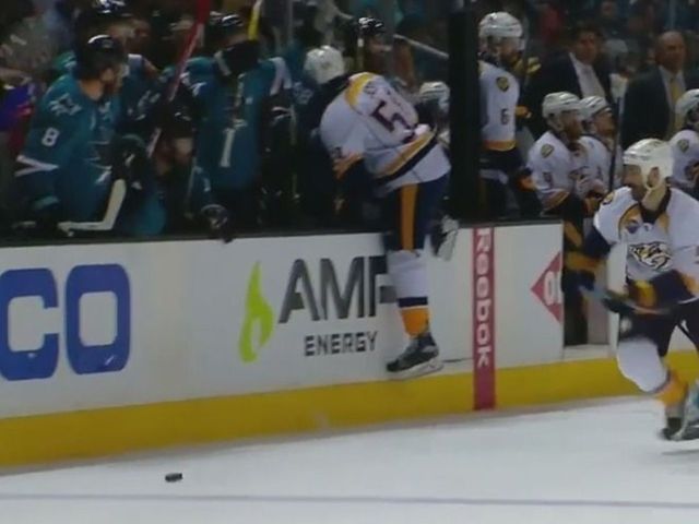 Predators' Josi tries to avoid penalty, jumps into Sharks bench