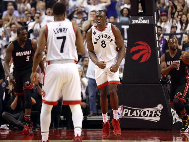 Biyombo follows two-handed flush with huge block at other end