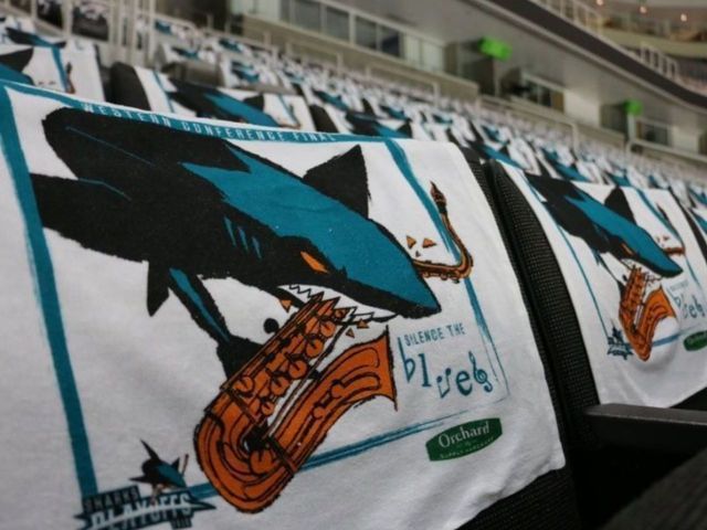 Shark devours saxophone on Game 6 rally towel