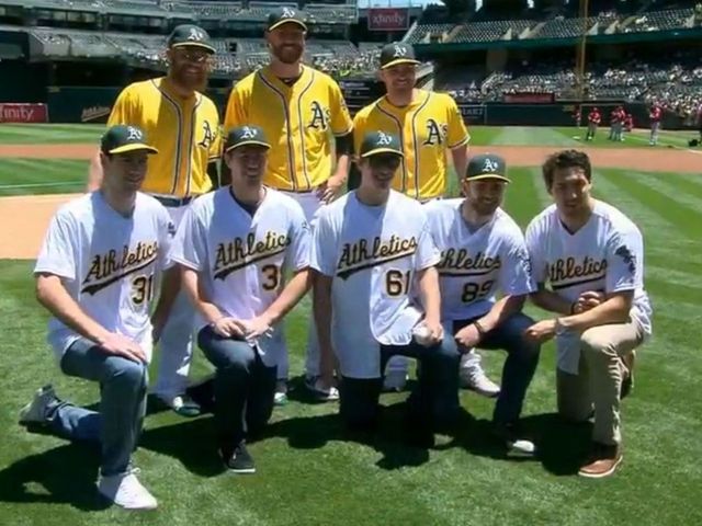 Watch: Sharks players throw out 1st pitches at A's game