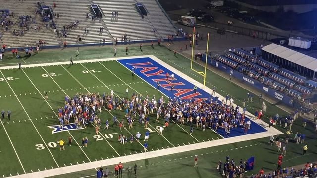 Kansas fans storm field after beating FCS opponent Rhode Island
