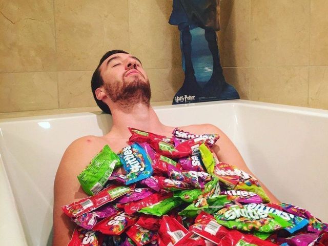 Kaminsky bathes in Skittles as Harry Potter's Dobby looks on