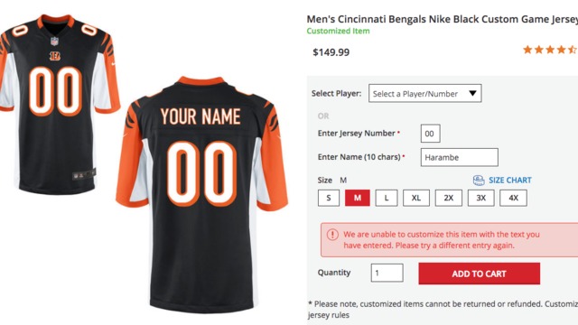 NFL Shop blocks fans from ordering customized Harambe jerseys