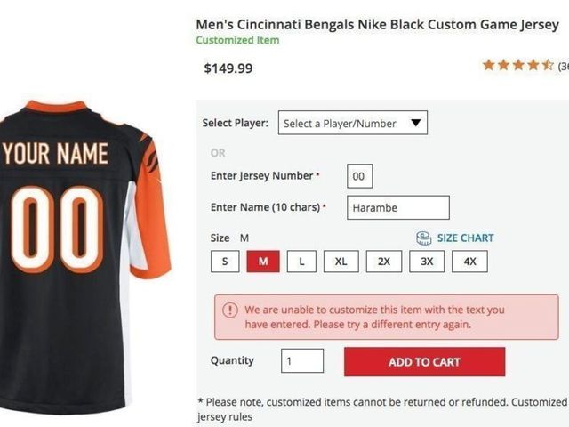NFL Shop blocks fans from ordering customized Harambe jerseys