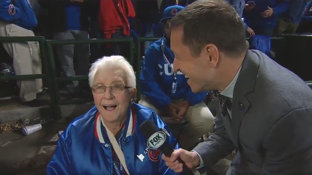Elderly Cubs fan ready to celebrate with Jager shot