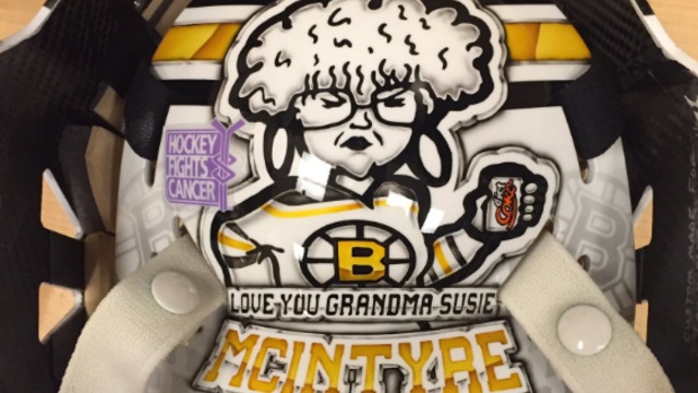 Bruins' McIntyre honors grandmother on mask for 'Hockey Fights Cancer'