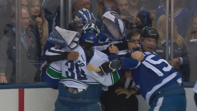 Watch: Ryan Miller involved in line brawl after Martin jumps Stecher