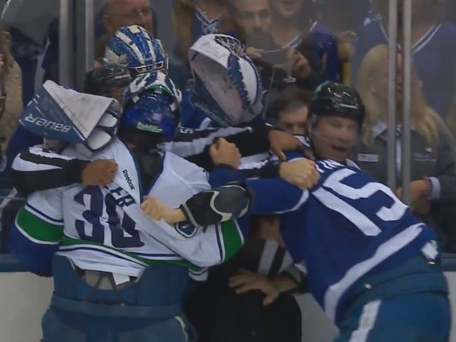 Watch: Ryan Miller involved in line brawl after Martin jumps Stecher