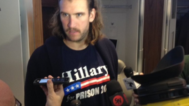 Spencer Hawes wears 'Hillary for Prison' shirt