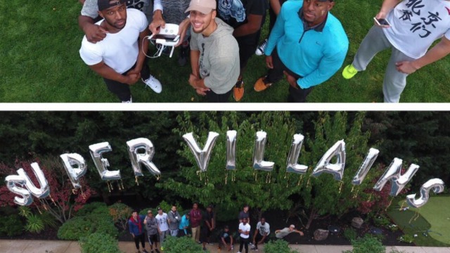 Warriors declare super-villain status with giant metallic balloon letters
