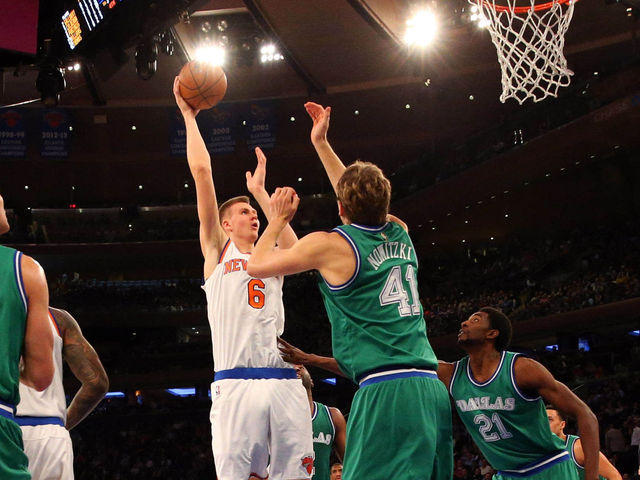 Watch: Porzingis nails step-back fadeaway, stares down Dirk