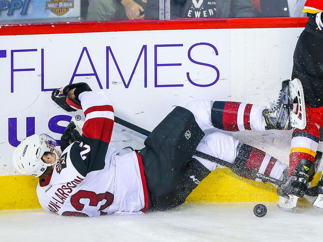 Watch: Ekman-Larsson shaken up by thunderous Ferland check