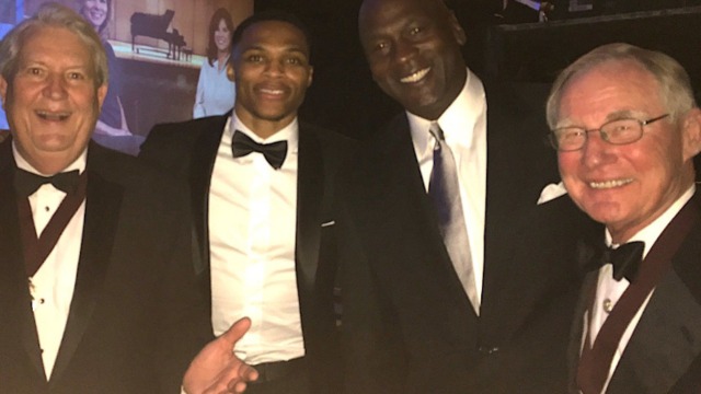 MJ presents Russ at induction to Oklahoma Hall of Fame