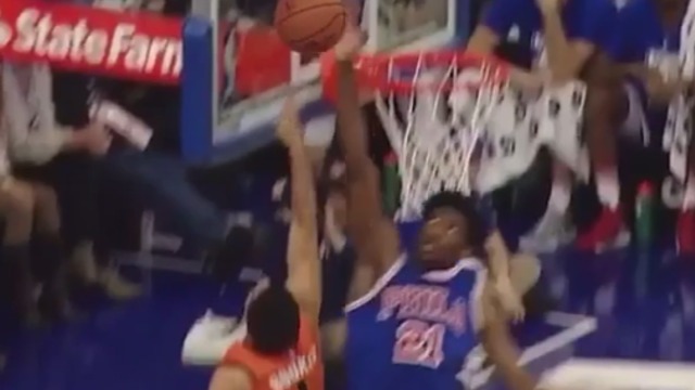 Embiid sends Booker's layup attempt into first row