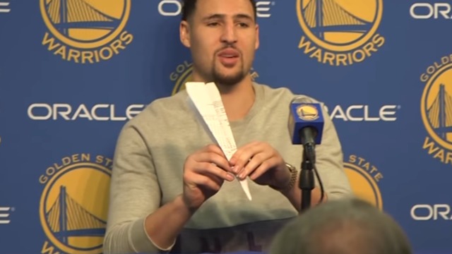 Klay Thompson tosses airplane at media