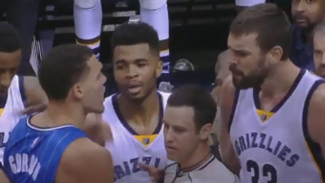 Aaron Gordon takes exception to Marc Gasol's foul on Biyombo