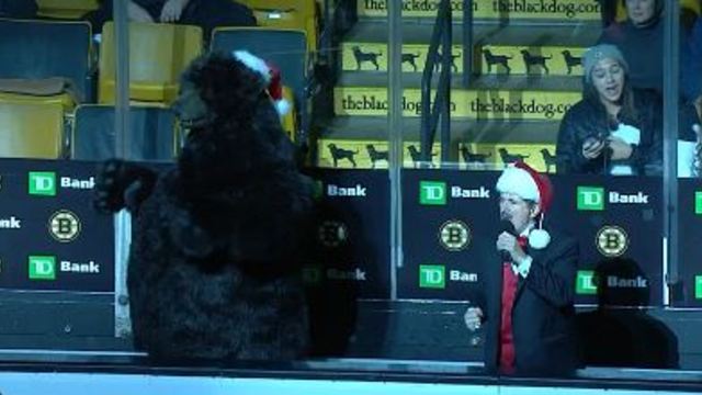 Bruins' anthem singer belts out 'Jingle Bell Rock' at intermission