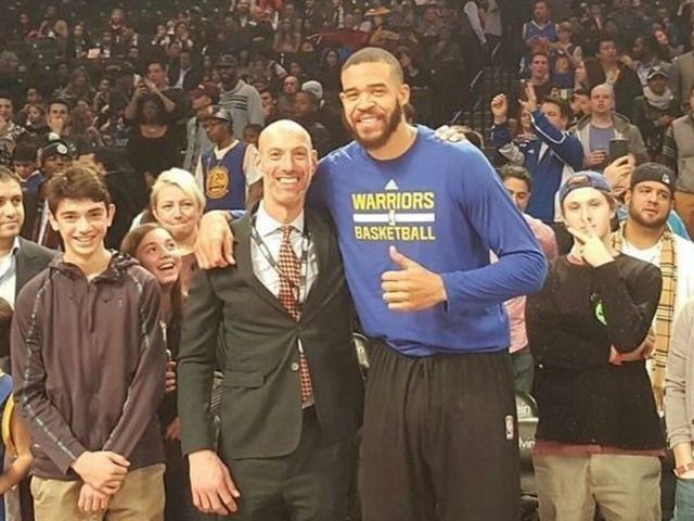 JaVale McGee poses with Adam Silver lookalike