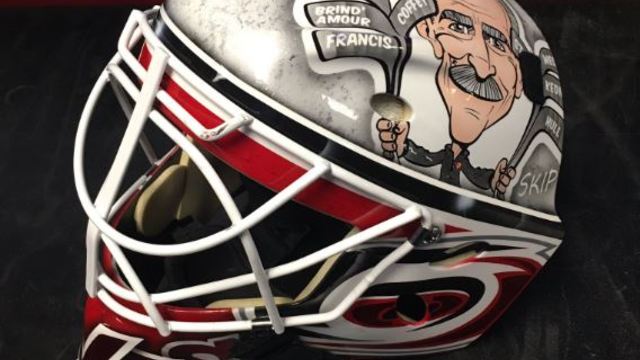 Hurricanes' emergency backup paints own mask featuring fellow equipment managers