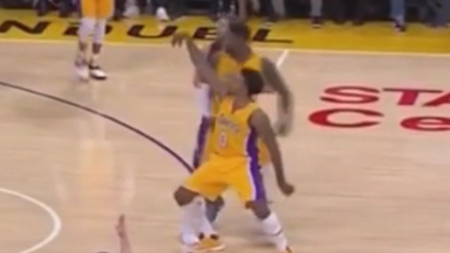 Nick Young does pelvic thrust while his 3 is still in midair