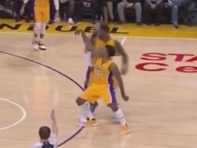 Nick Young does pelvic thrust while his 3 is still in midair