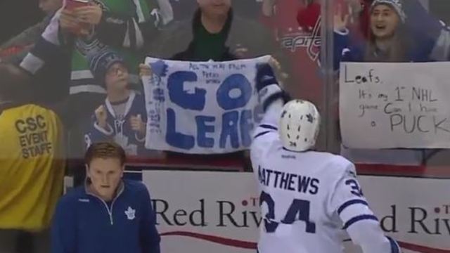 Matthews tosses puck to fan after Van Riemsdyk fails