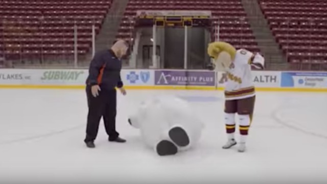 Mascot can't stop slipping on ice while filming commercial