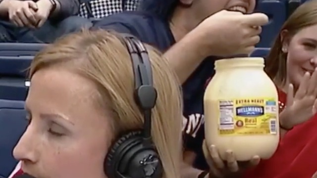 Belmont fan eats from giant tub of mayo on live TV