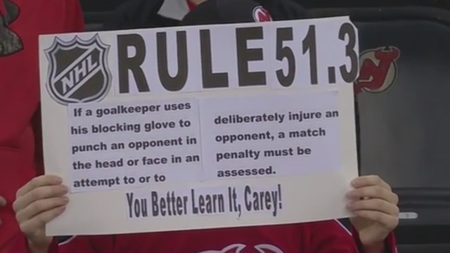 Devils fan reminds Price not to punch with his blocker