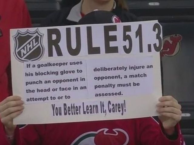 Devils fan reminds Price not to punch with his blocker