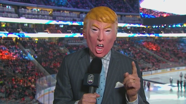 Oilers broadcaster dons Trump mask, makes presidential puns in pregame hit