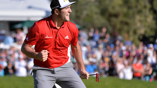Watch: Rahm makes ridiculous putt for eagle on No. 18 for round of 65