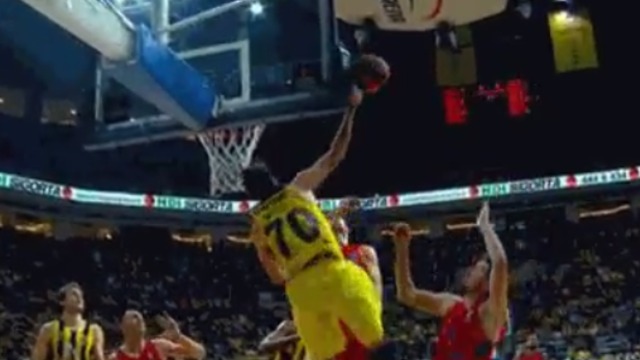 Ex-NBA player Datome has dunk blocked by side of backboard