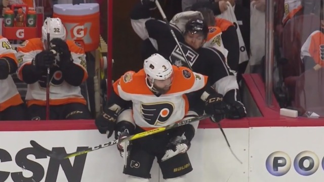 Watch: Gudas dumps Gravel into Mason's lap on Flyers' bench