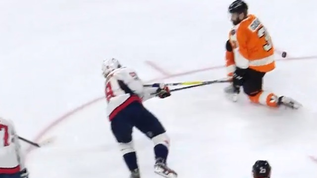 Backstrom threads puck through Gudas' legs to go top shelf