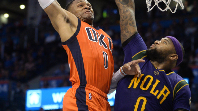 Russ smashes down dunk on Boogie, who fouls out